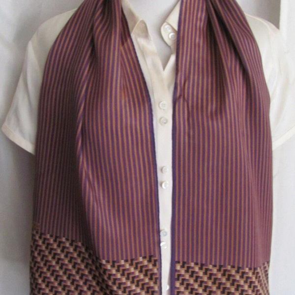 Kokoro // Lovely Purple Gold Stripe  Silk Scarf // 11" x 48" Long // Designer Vintage Signed Scarves
