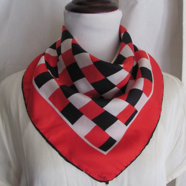 Beautiful Small White Black Red ECHO Silk Pocket Scarf  - 18" Square // Designer Vintage SIlk Scarves & Pocket Squares