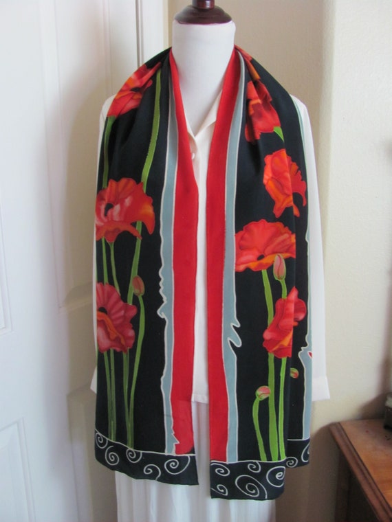 Wow!! Lovely Handmade Black Red Floral Silk Scarf… - image 1