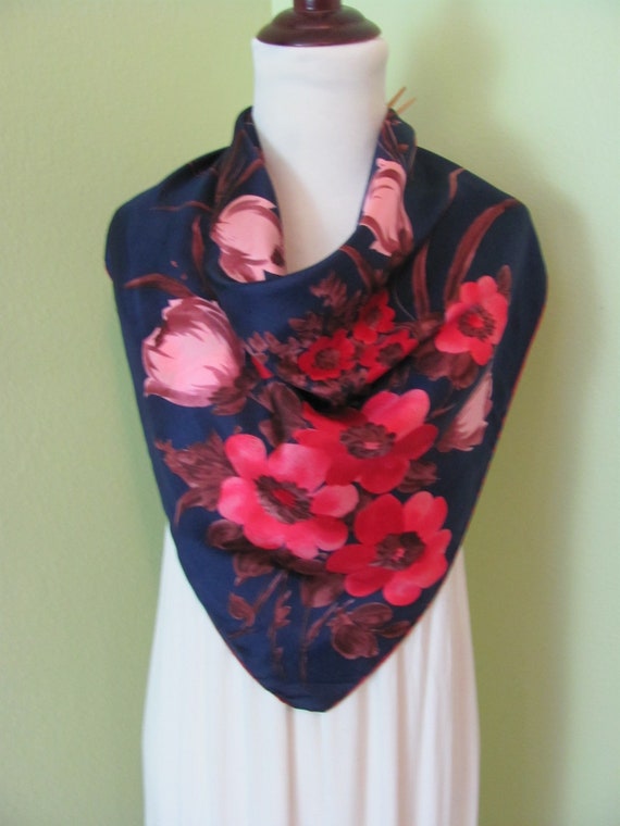 Beautiful Blue Red Floral Soft Silk Scarf  // 31"… - image 1