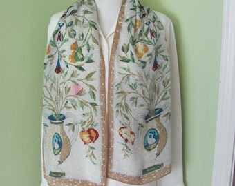 Smithsonian Museum // Lovely Beige Floral Soft Silk Scarf // 11&quot; x 52&quot; Long // Best of the Best