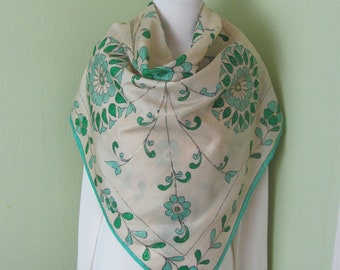 Beautiful Beige Green Painted Gold India Silk Scarf  // 36" Inch 90cm Square // Best selection on Etsy!