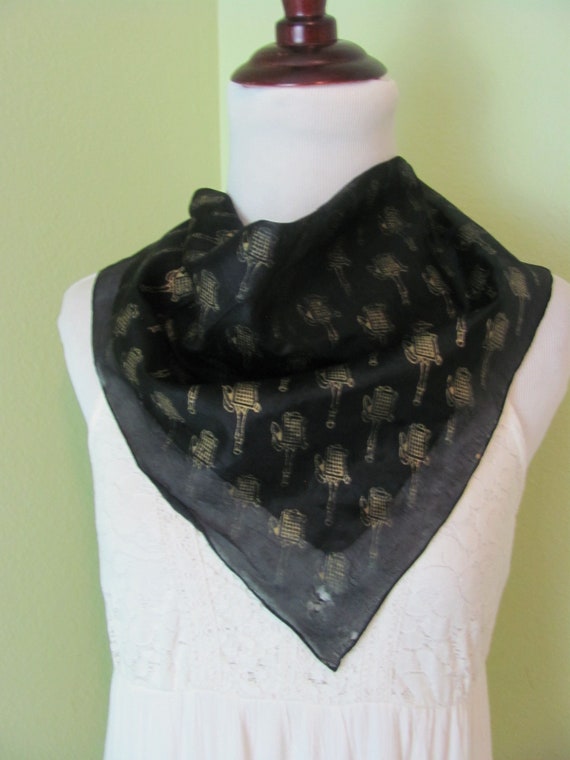 Beautiful Small Antique Gold Painted Silk Scarf // 17" Inch 44cm Square // Vintage Silk Scarves & Handkerchiefs Hankies