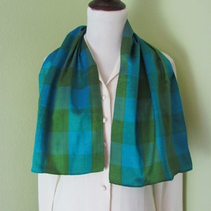 Lovely Vintage Blue Green Plaid Thai Silk Scarf // 11" x 40" Long // Best of the Best Unused // Designer Silk Signed Scarves