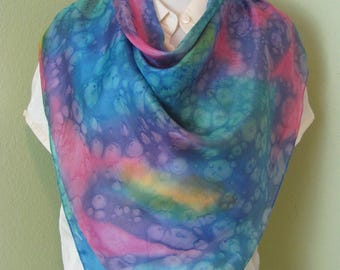 Beautiful Colorful Blue Pink Tie Dye Large Silk Scarf // 32" Inch 84cm Square // Designer Signed Vintage Scarves 800+ In my shop!