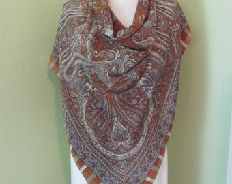 Wow!! Brown Paisley Extra Large Soft Silk Scarf Shawl Wrap // 40" Inch 100cm Square // Best of the Best Designer Signed Scarves