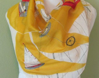 Beautiful White Yellow Nautical Cotton Scarf // 26&quot; Inch 66cm Square // Over 800 Scarves in Stock