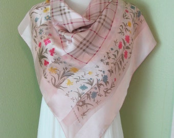 Burberry // Beautiful Pink Plaid Floral Soft Silk Scarf // 34" Inch 88cm Square //  Best of the Best // Designer SIgned Scarves
