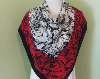 Anne Klein // Colorful Black White Red Floral Soft Silk Scarf  // 32" Inch 81cm Square // Designer Signed Vintage Scarves