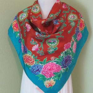 Fashioncrest // Beautiful Vintage Blue Pink Floral Soft Silk Scarf  // 34" Inch 88cm Square // Best selection on Etsy!!!