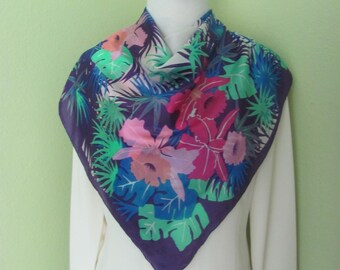 Lovely Vintage Blue Pink Colorful Floral Silk Scarf  // 28" Inch 70cm Square // Over 1200 scarves to choose from in my shop!