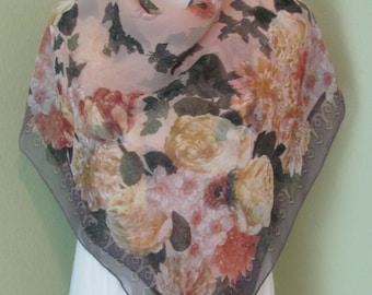 Black Pink Floral Large Sheer Silk Scarf // 35" 90cm Square // Best of the Best // Designer Signed Vintage Scarves
