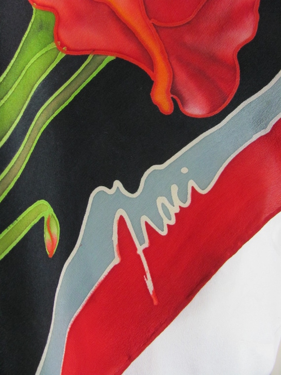 Wow!! Lovely Handmade Black Red Floral Silk Scarf… - image 3