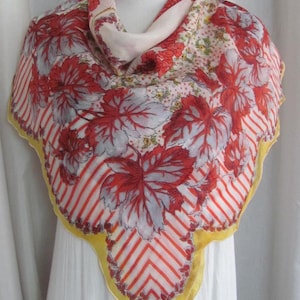 Beautiful Vintage Antique White Orange Leaves Floral Hankie Style Silk Scarf  // 30" Inch 76cm Square // 800+ To choose from in my shop