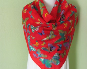 ECHO // Beautiful Red Colorful Butterflies Cotton Scarf // 30" Inch 76cm Square // Best of the Best Fashion Scarves