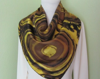 Beautiful Black Brown Yellow Swirls Silk Scarf // 26" Inch 66cm Square // Best of the Best Silk // Designer Vintage Scarves