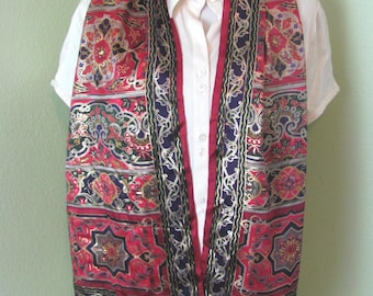 Oscar de la Renta // Red Black Gold Painted Silk Scarf // 11" x 52" Long // Best of the Best // Designer Signed Scarves 800+ in stock