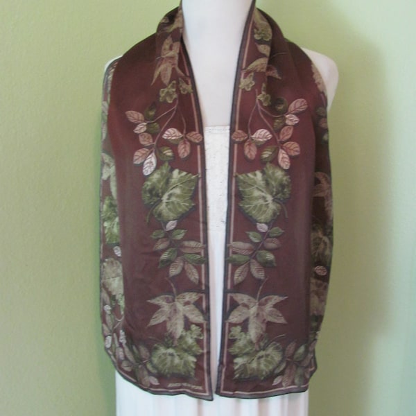 Jones New York // Beautiful Brown Floral Silk Scarf - 10" x 52" Long - Vintage Signed Designer Scarves