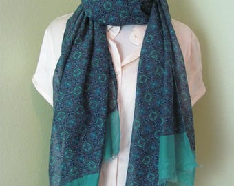 Talbots // Lovely Green Blue Soft Cotton & Silk Scarf // 20" x 62" Long // Best of the Best // Designer Signed Scarves