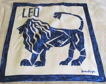 Pauline Trigere // Leo Lion Zodiac Sign Blue White Silk Scarf  // 28&quot; Inch 70cm Square // Vintage Designer Signed Silk Scarves