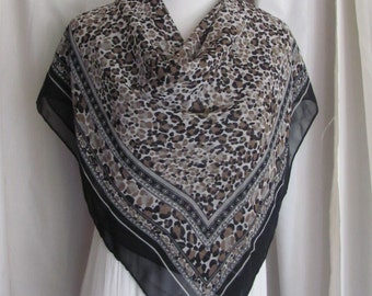 Lovely Animal Print Black Brown Poly Scarf // 36&quot; Inch 92cm Square // Vintage Signed Designer Scarves