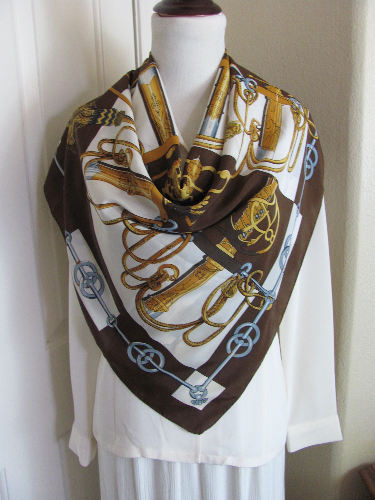 SALE!! Lovely Brown Gold White Equestrian Soft Poly Scarf