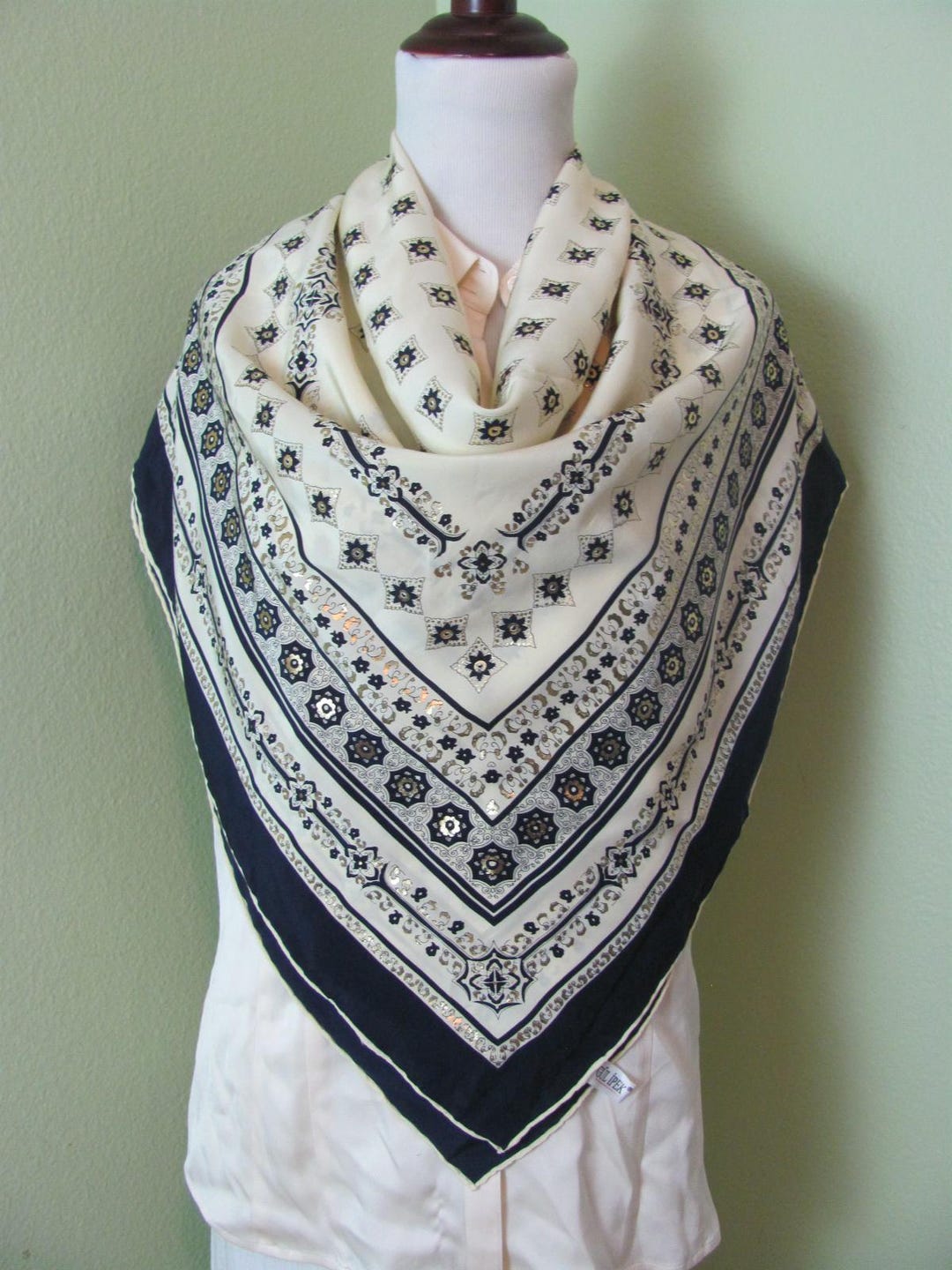 Wow! Gul Ipek Turkish White Blue Gold Metallic Soft Silk Scarf