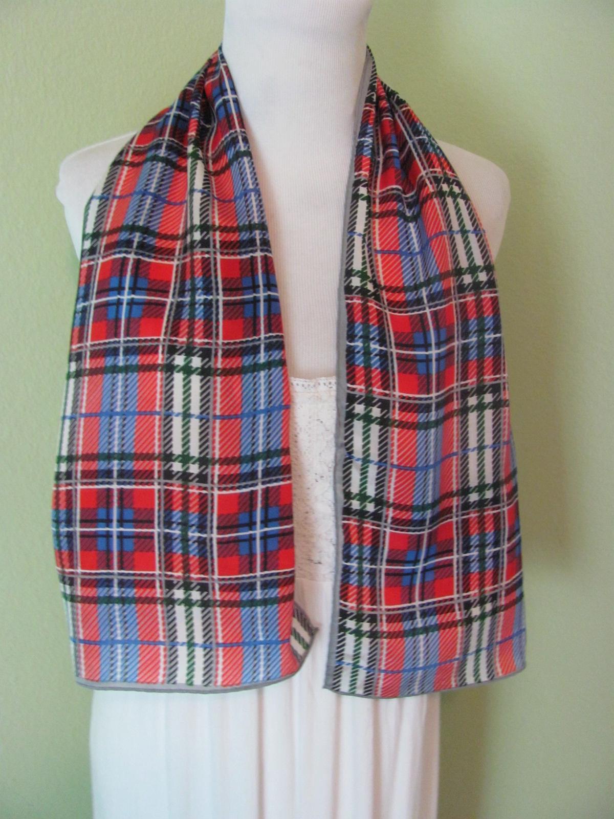 Glentex // Beautiful Red White Blue Plaid Silk Scarf // 13" x 44" Long // Designer Signed Vintage Scarves