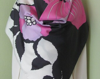 Cristella Italy // Beautiful White Black Pink Floral Soft Silk Scarf  // 35" Inch 92cm Square // Best of the Best Designer Signed