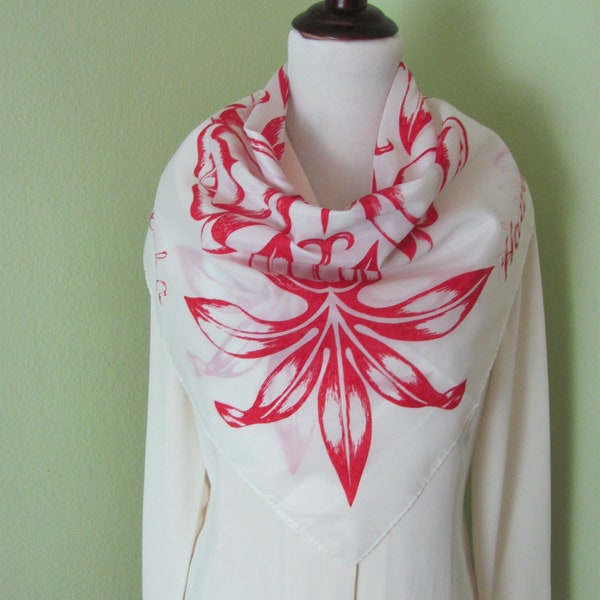 Lovely White Red Floral Poly Hawaii Souvenir Scarf // 28" Inch 66cm Square Unused // Best selection on Etsy // Vintage Designer Scarves