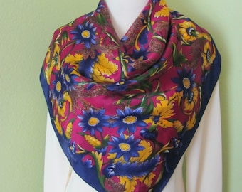 Worthington // Beautiful Colorful Blue Pink Floral Soft Silk Scarf // 31" Inch 80cm Square // Best of the Best