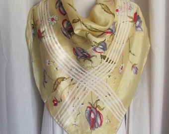 Glentex // Vintage gele bloemen zachte zijden sjaal // 30" inch, 76 cm vierkant // Antieke designer gesigneerde sjaals