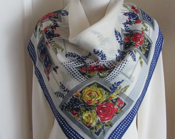 Vintage White Blue Floral Rayon Scarf // 31" Inch 79cm Square // 1000+ Designer Silk Vintage Scarves