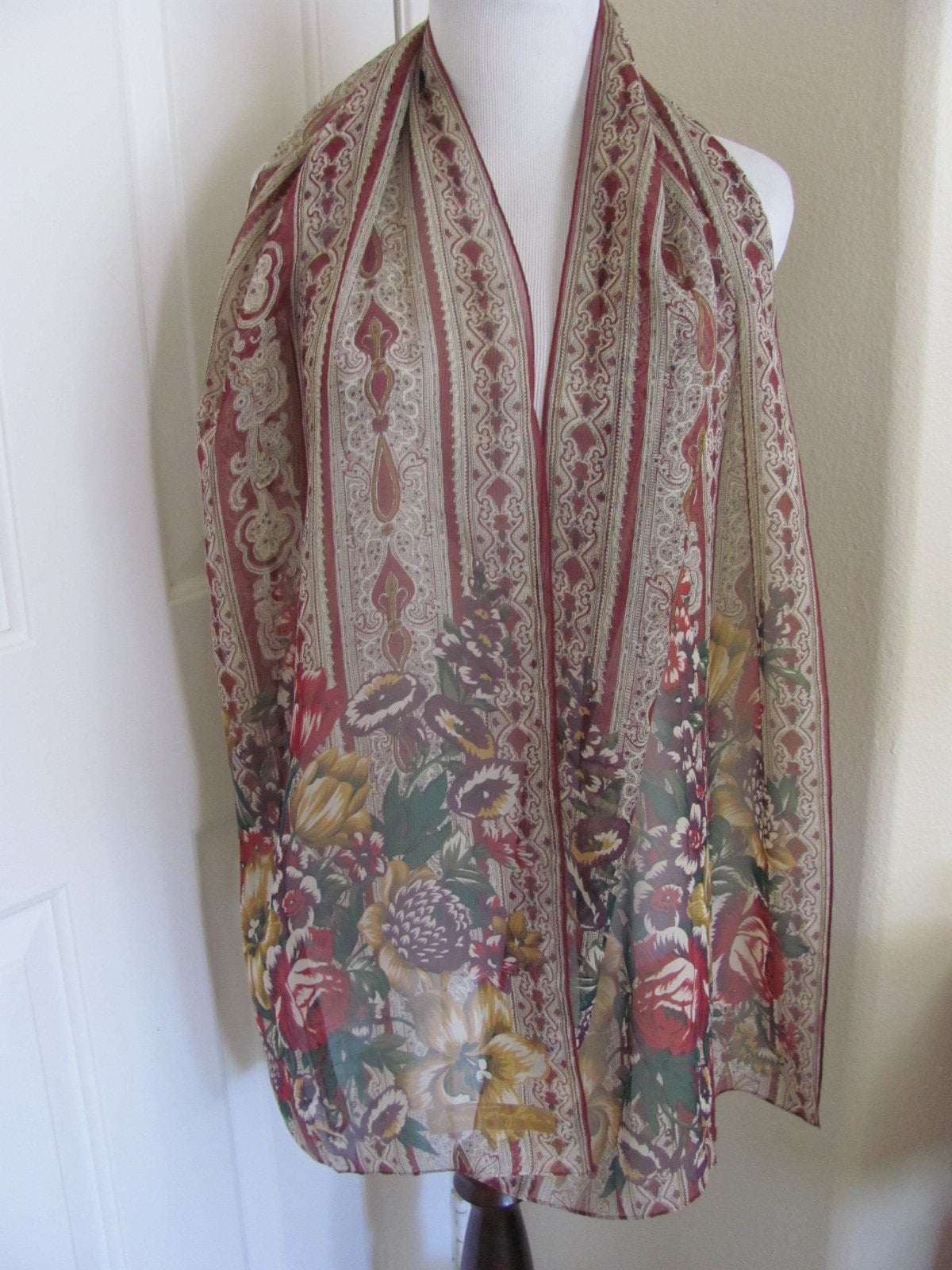 Designer Lovely Burgundy Floral Sheer Silk Scarf  13 x 58 Long
