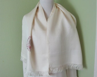 Beautiful Embroidered Jacquard Off White Cream 2 Layer Silk Scarf // 16" x 48" Long // Vintage Designer Silk Scarves