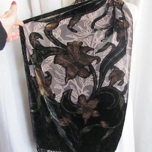 Beautiful Black Velvet Devore Fuzzy Flocked Fringe Silk Scarf - 20&quot; x 76&quot; Long // Best of the Best // Signed Designer Silk Scarves