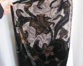 Beautiful Black Velvet Devore Fuzzy Flocked Fringe Silk Scarf - 20" x 76" Long // Best of the Best // Signed Designer Silk Scarves