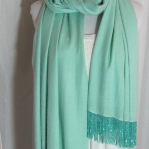 Beautiful Green Beaded Fringe Silky Scarf Shawl Wrap // 24" x 60" Long // 800+ Vintage Designer Signed Silk Scarves Pashminas & More