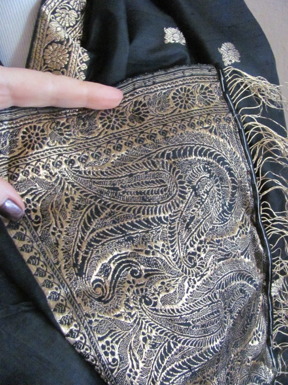 WOW! Black Fringed Gold Heavily Embroidered Silk … - image 2