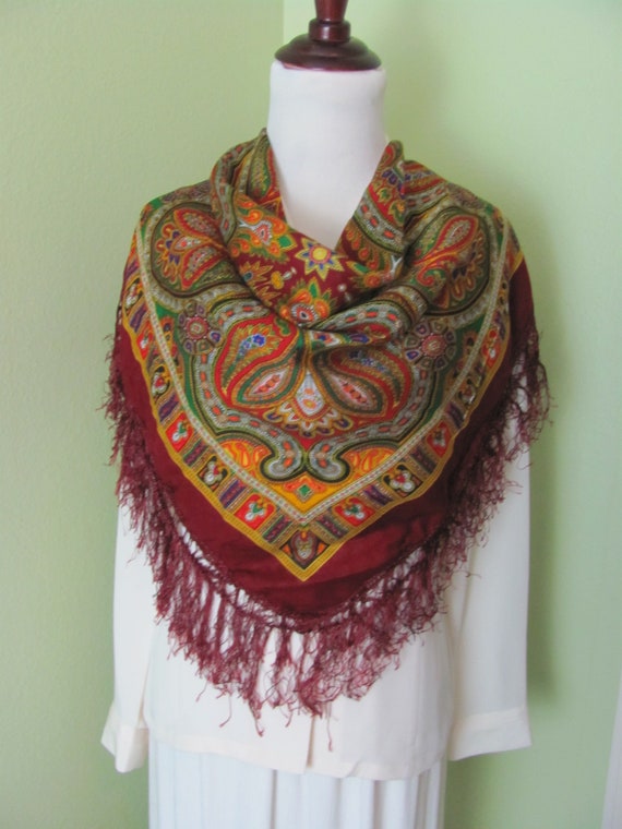 小物 Q retailor vintage scarf made in france Vintage Burgundy Paisley Fringed Acrylic Fashion Scarf // 30
