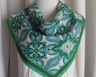 Beautiful Green Blue White Silk Scarf - 22&quot; Square // 800+ Silk Designer Signed Scarves - Best prices on Etsy!
