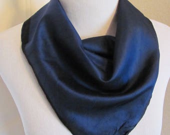 Beautiful Small Solid Dark Blue Silk Pocket Scarf  - 18"  Square // Designer Signed Vintage Scarves Handkerchief