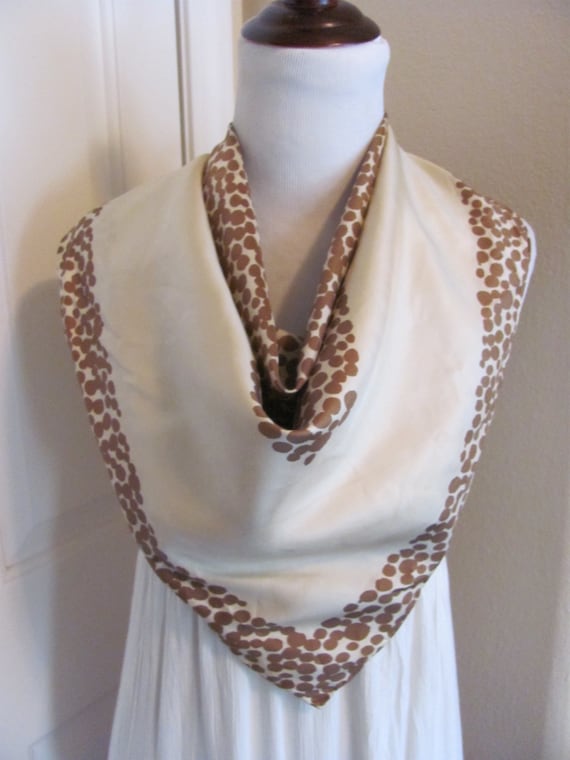 SALE!! Lovely Ivory Brown Silk Scarf  // 28" Inch… - image 1