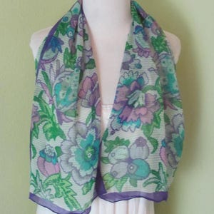 ECHO // Beautiful Purple Blue Floral Sheer Silk Scarf - 14&quot; x 40&quot; Long - Best selection on Etsy! Designer Vintage Scarves