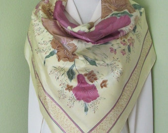 Beautiful Pale Yellow Floral Thai Silk Scarf // 36" Inch 92cm Square // Best of the Best // 1200+ Vintage Silk Designer Scarves in my shop!