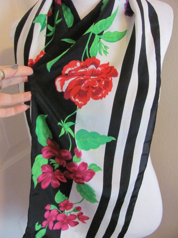 Lovely Black White Floral Silk Scarf // 10" x 52"… - image 1