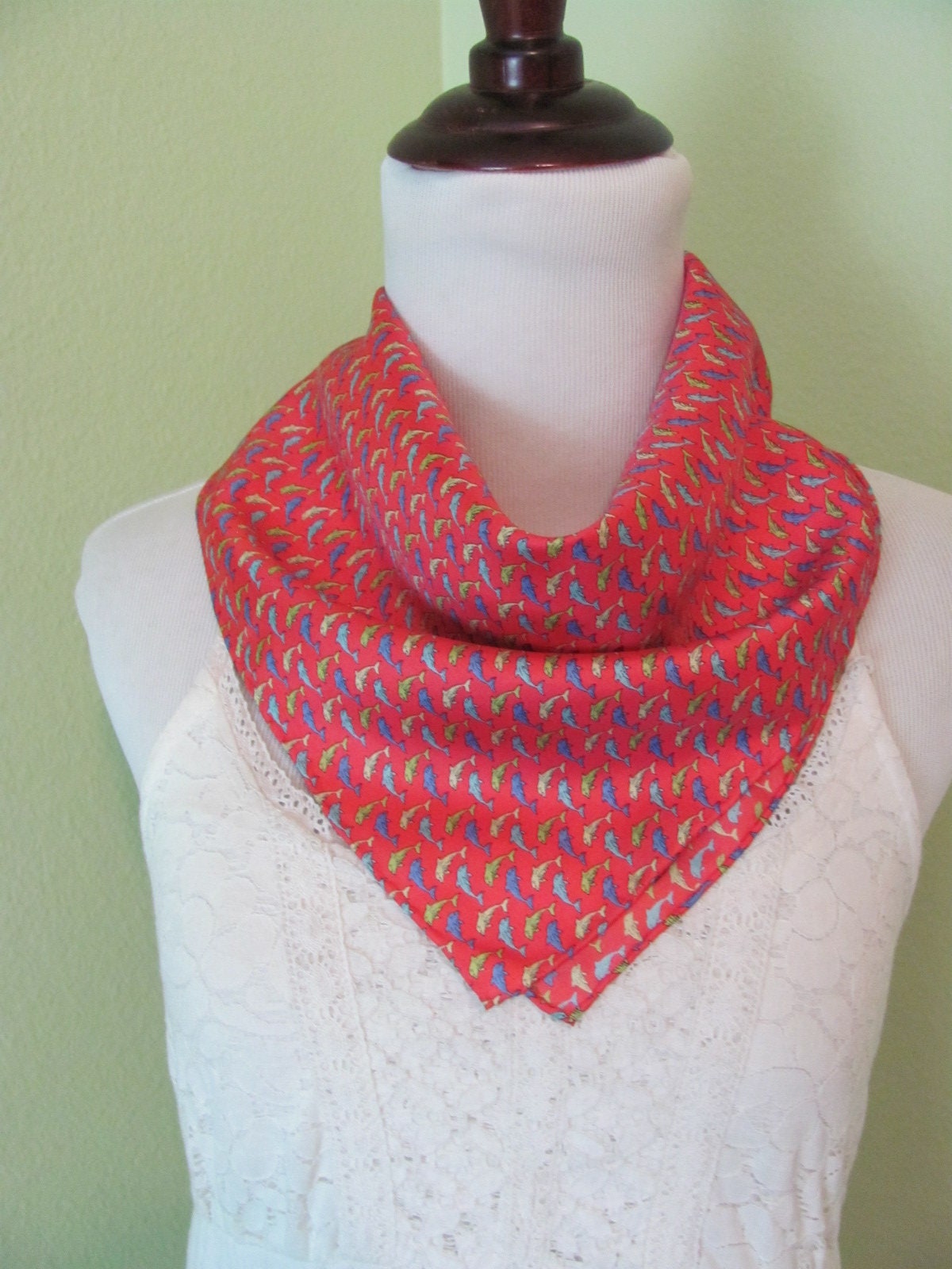Peter Blair // Beautiful Orange Dolphins Small Silk Mini Scarf  Pocket Square // 17.5" Inch 46cm Square // Best of the Best