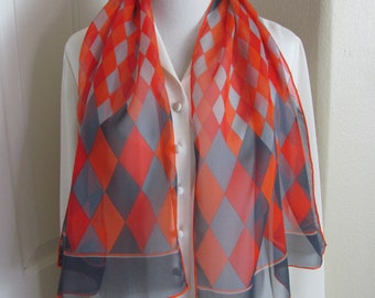 ECHO // Lovely Orange Grey Argyle Sheer Silk Scarf // 12" x 46" Long // Best of the Best