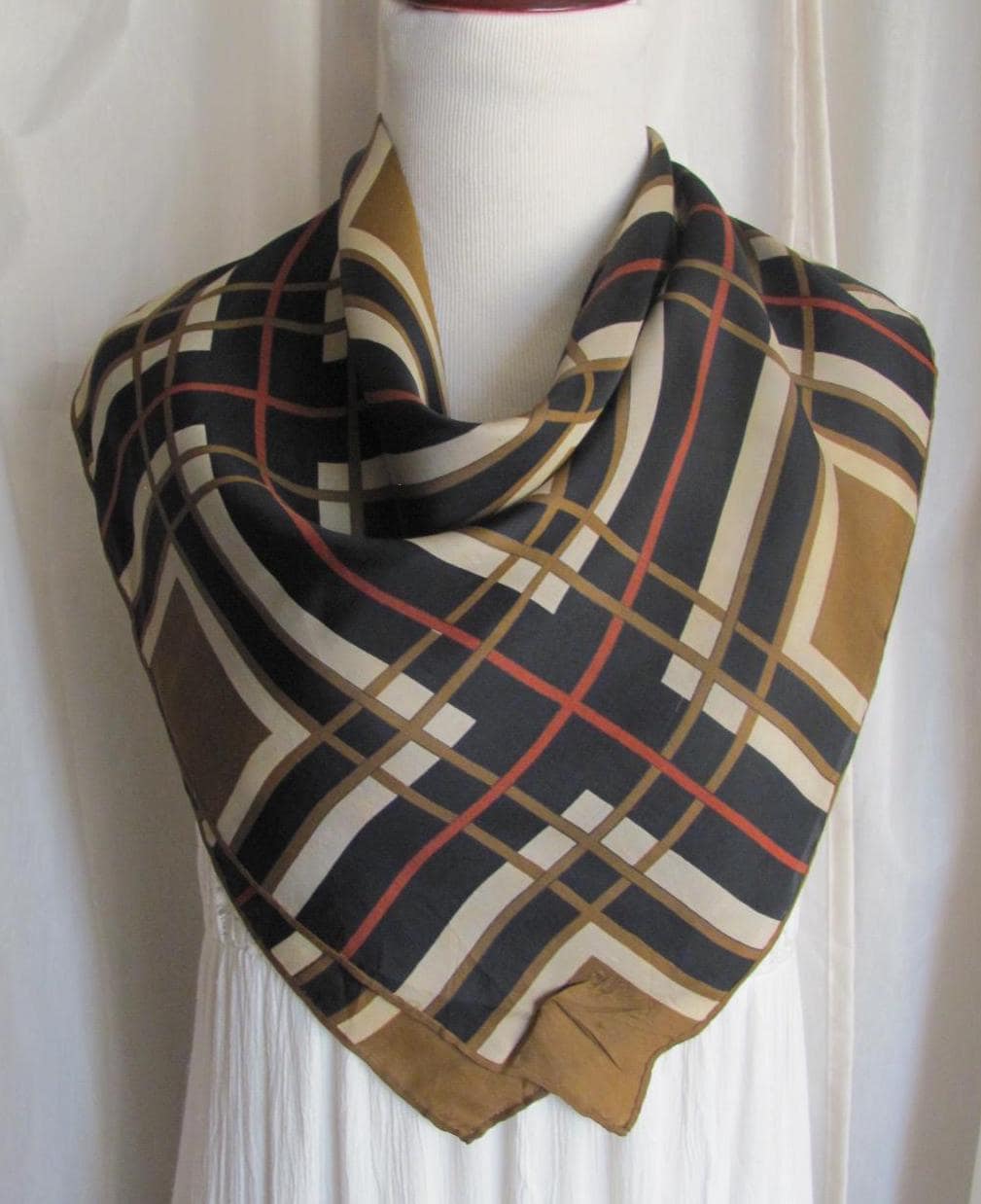 Beautiful Vintage Black Brown Stripe Silk Scarf // 26" Inch 66cm Square - Best selection on Etsy Designer Signed Silk Scarves 800+ in stock