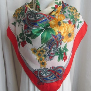 Lovely Large Off White Red Floral Soft Silk Scarf // 33&quot; Inch 85cm Square // 800+ Designer Signed Scarves Best prices on Etsy!